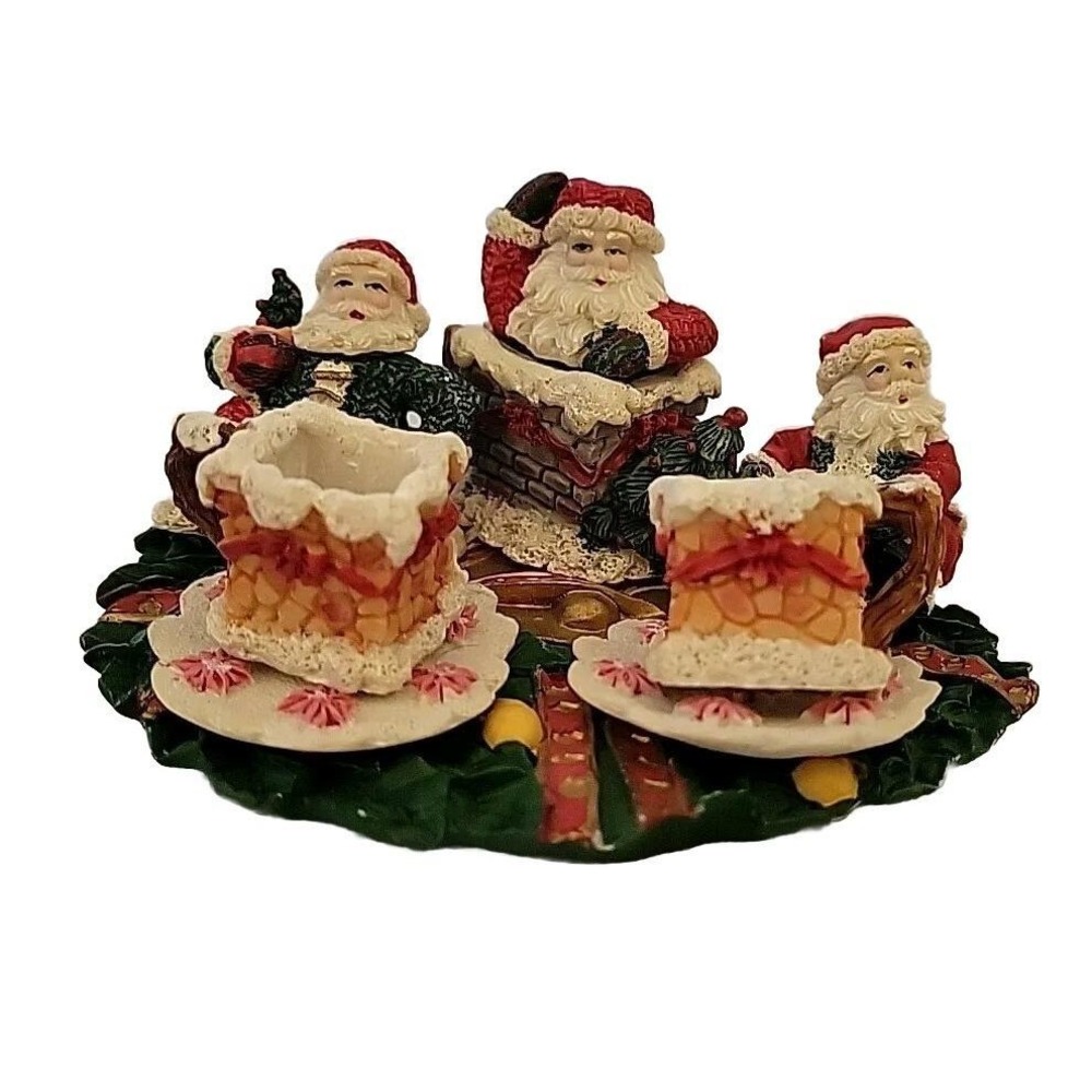 Vintage Miniature Santa Claus Tea Set Resin Christmas Figurine Wreath Base 7pc